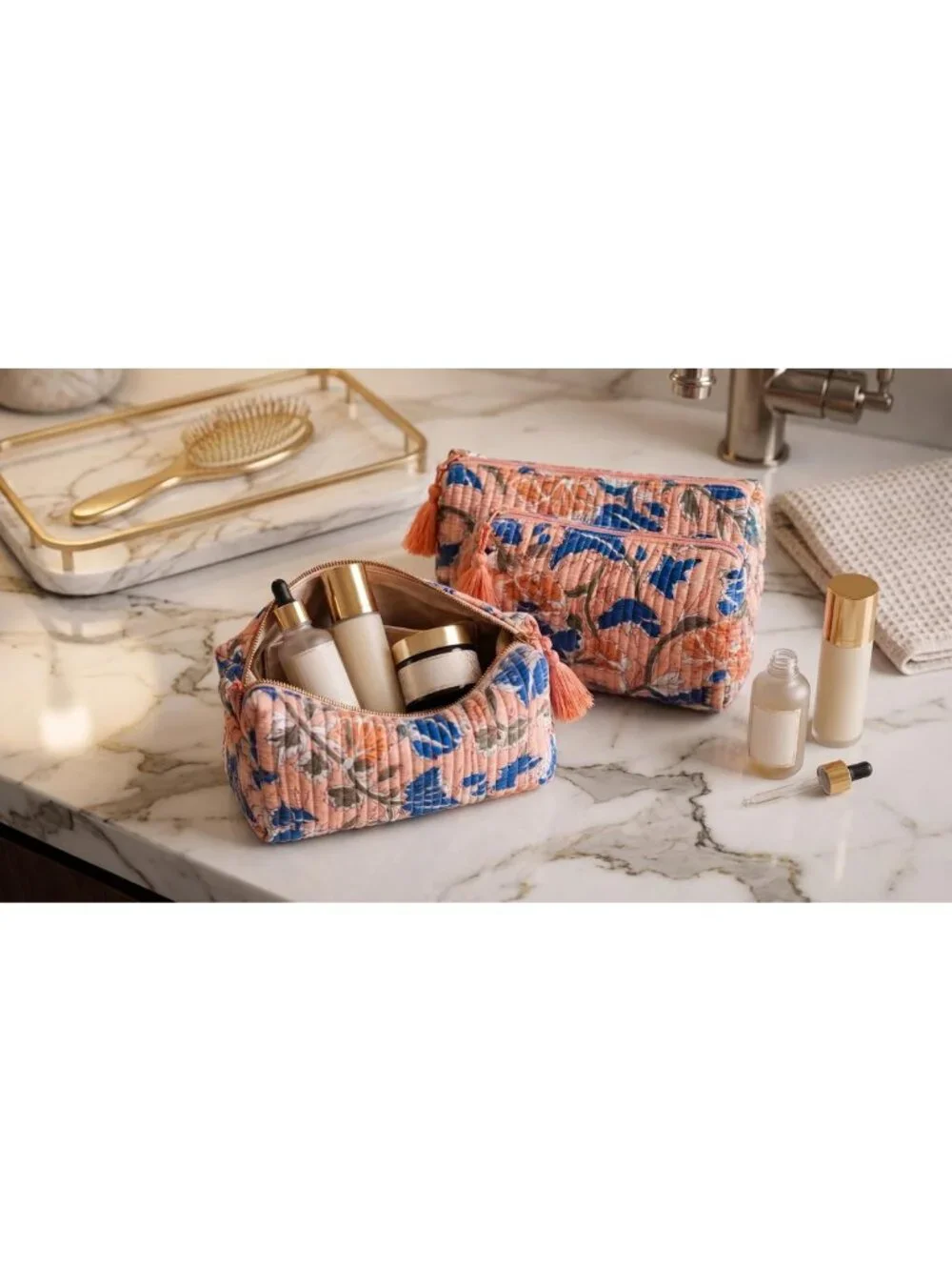 Floral Travel Cosmetic Case - Apricot Blue, Zippered, Cotton, 9x4x7 Inches